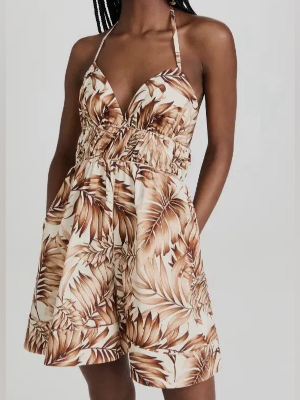 Autumn Adeigbo Beige Palm Shirred Halter Karina Romper Size 10 $498
